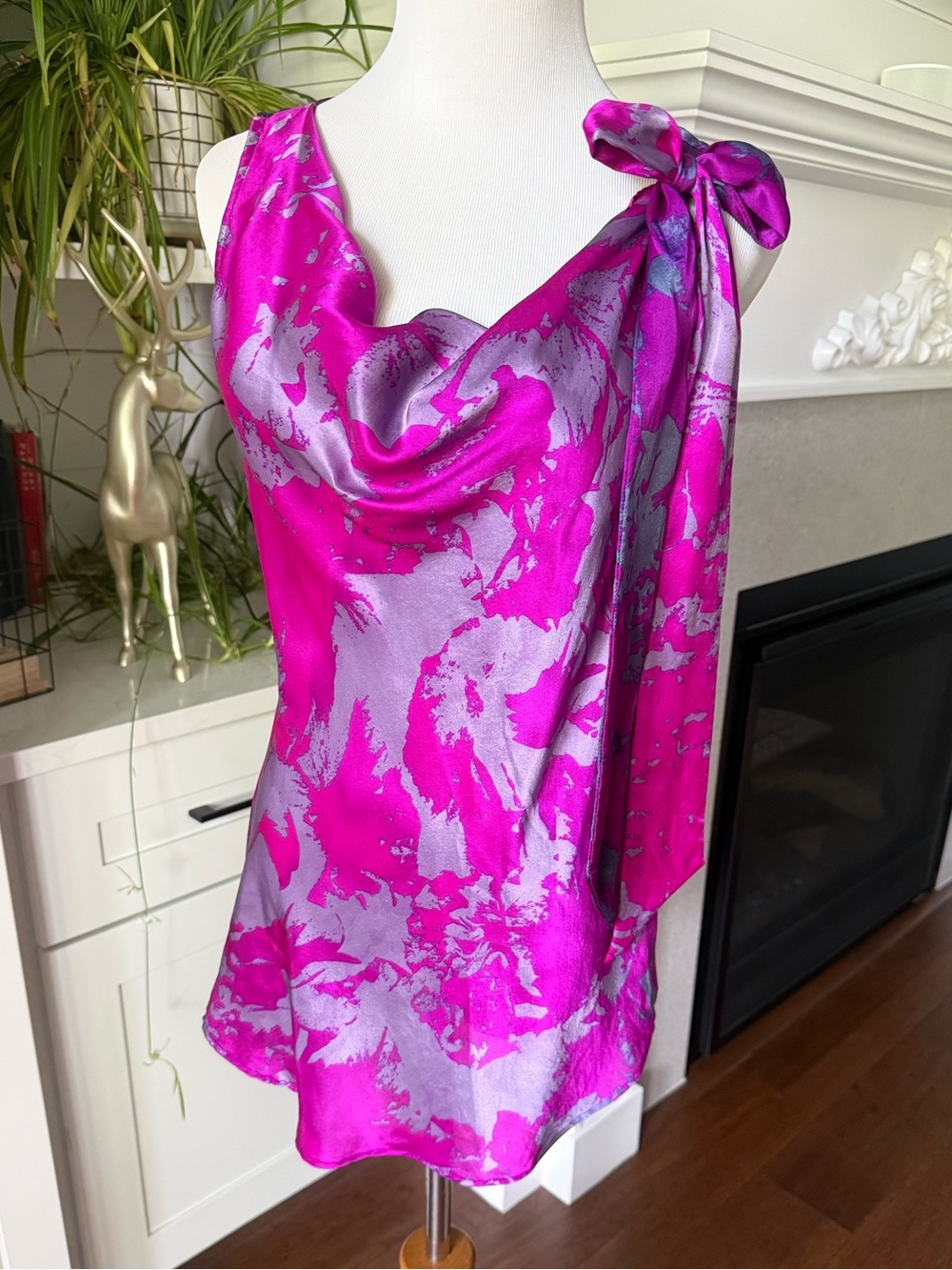 100% Silk Purple Tunic Bow Detail Abstract Print Cocktail Luxe Barbiecore Glam